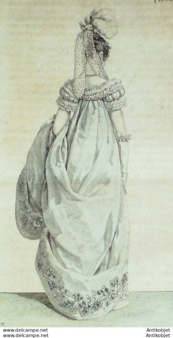Gravure de mode Costume Parisien 1816 n°1586 Coiffure et robe de la Cour