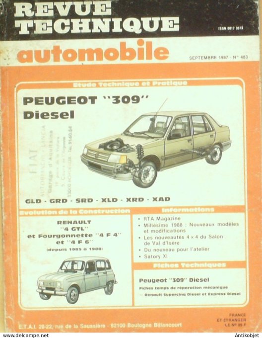 Revue Tech. Automobile 1987 n°483 Peugeot 309 Renault 4GTL