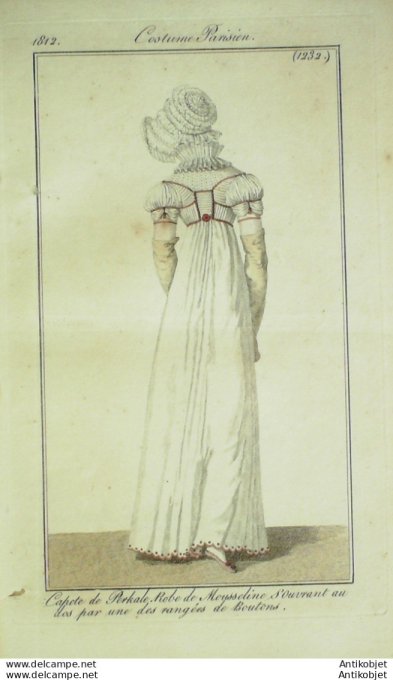 Gravure de mode Costume Parisien 1812 n°1232 Robe mousseline