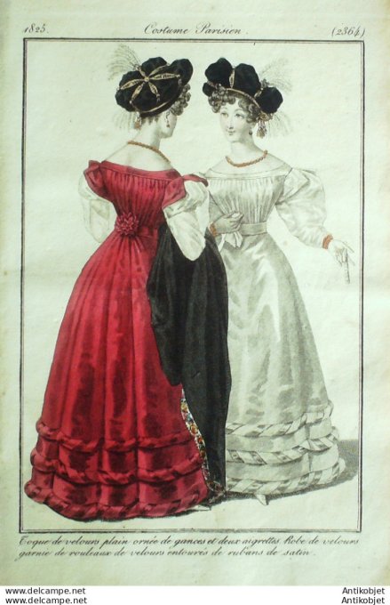 Costume Parisien 1825 # 2364 Toque et robe velours ornée de gances