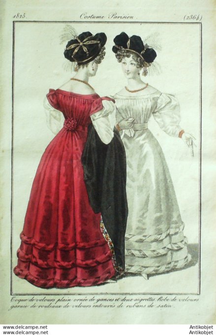 Gravure de mode Costume Parisien 1825 n°2364 Toque et robe velours ornée de gances