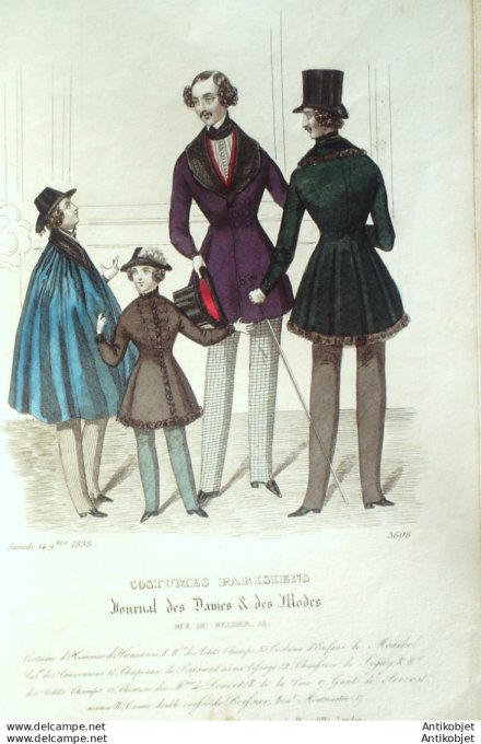 Gravure de mode Costume Parisien 1838 n°3608 Costumes homme gilets velours