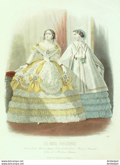 Gravure Les Modes Parisiennes 1859 # 876 Robes de soirée Maison Fauvet