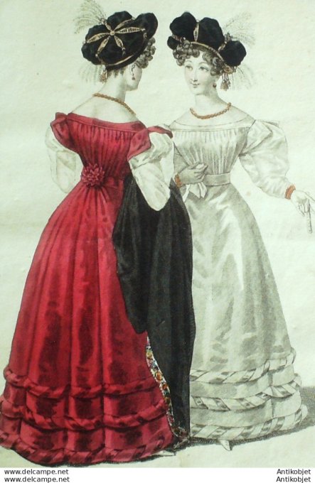 Gravure de mode Costume Parisien 1825 n°2364 Toque et robe velours ornée de gances