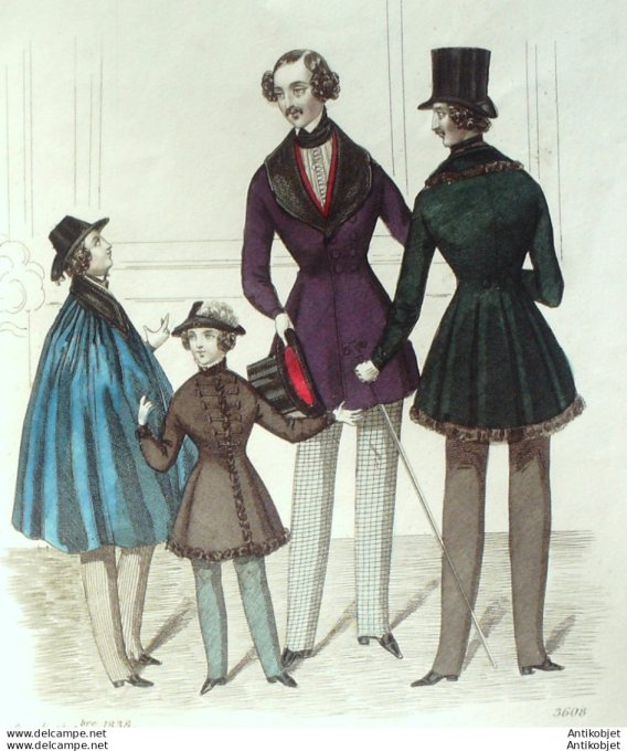 Gravure de mode Costume Parisien 1838 n°3608 Costumes homme gilets velours