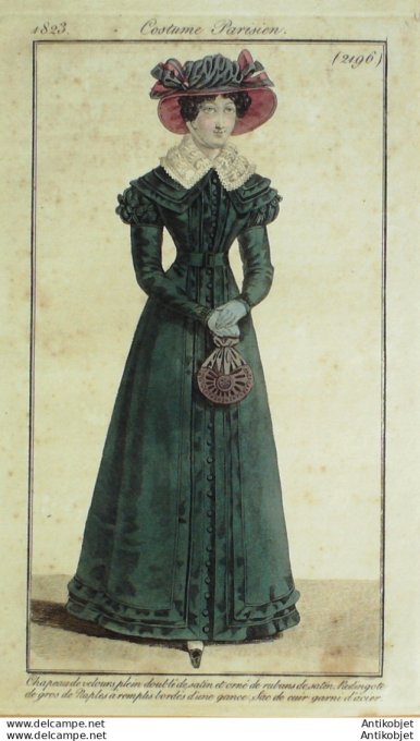 Gravure de mode Costume Parisien 1823 n°2196 Redingote de gros de Naples