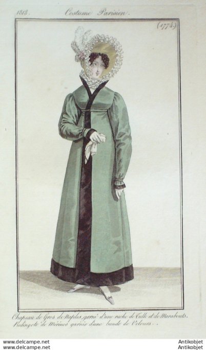 Gravure de mode Costume Parisien 1818 n°1774 Robe de tulle et de marabouts