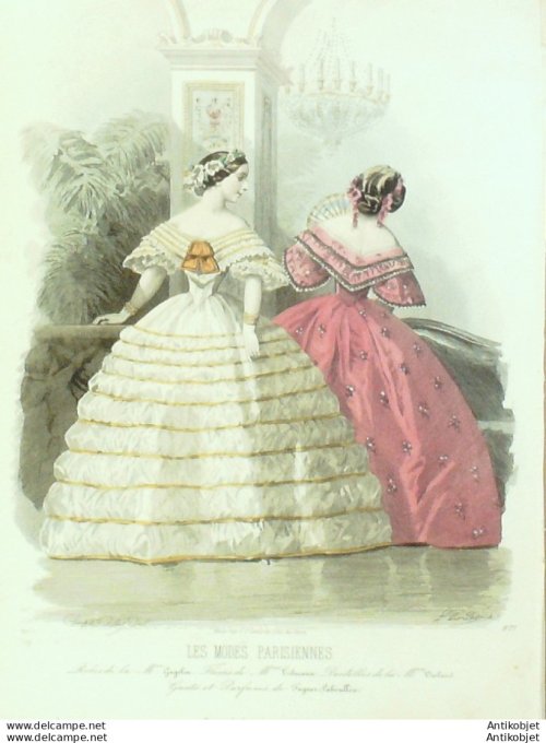 Gravure Les Modes Parisiennes 1859 # 877 Robes de bal Organdi Maison Gagelin