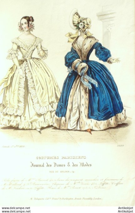 Gravure de mode Costume Parisien 1838 n°3609 Robes popeline & perkale