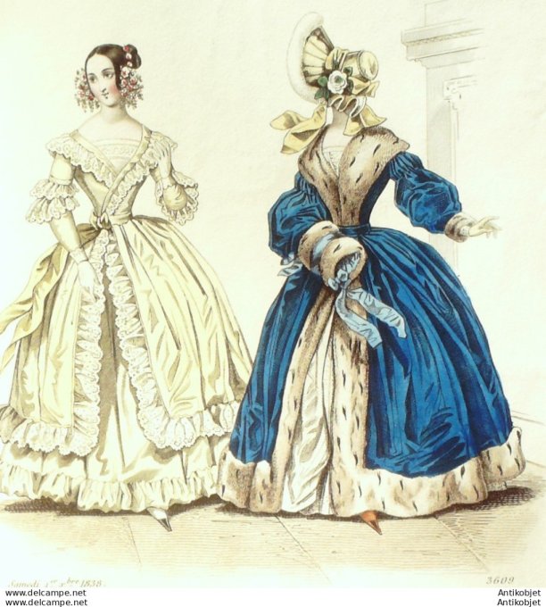 Gravure de mode Costume Parisien 1838 n°3609 Robes popeline & perkale