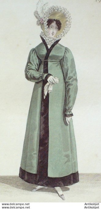 Gravure de mode Costume Parisien 1818 n°1774 Robe de tulle et de marabouts