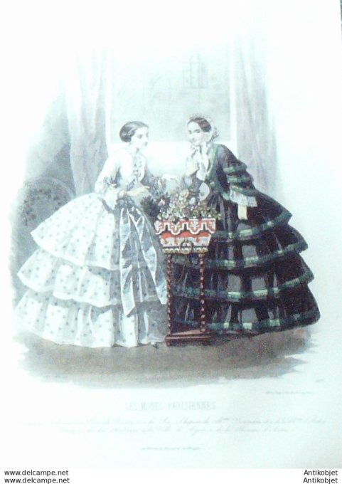 Gravure Les Modes Parisiennes 1850 # 599 Robes tissu Maison Deray