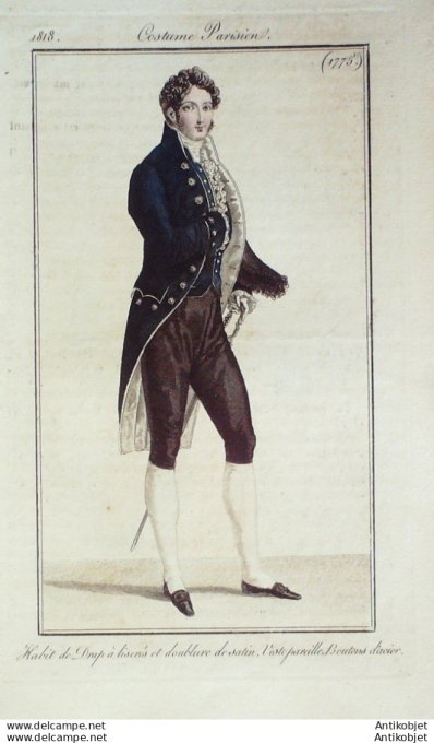 Gravure de mode Costume Parisien 1818 n°1775 Habit de drap homme à liserés