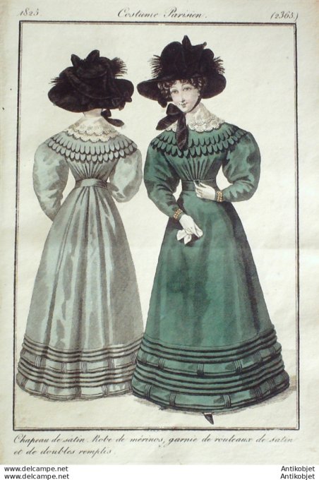 Gravure de mode Costume Parisien 1825 n°2365 Robe de Mérinos garnie de satin