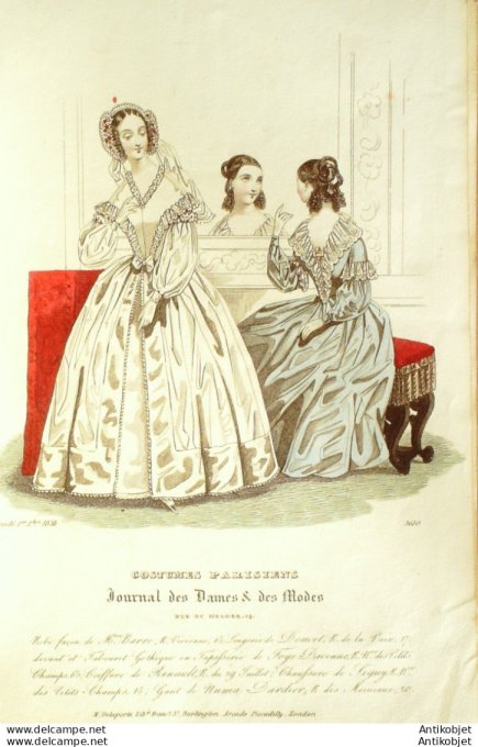 Gravure de mode Costume Parisien 1838 n°3610 Robes mousseline brochées