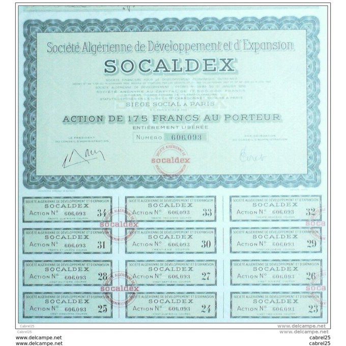 SOCIETE ALGERIENNE de DEVELOPPEMENT et D'EXPANSION-SOCALDEX-ACTION-175 FR-1957