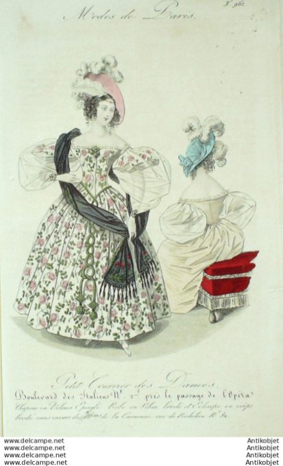 Gravure Mode Courrier des Dames 1832 #  961 (eau forte old Fashion plate)