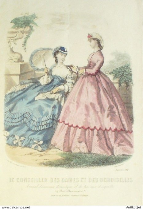 Gravure Mode Conseiller des Dames 1864 #  9 (aquarellee Old Fashion plate)