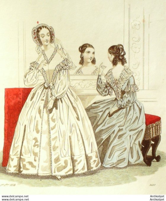 Gravure de mode Costume Parisien 1838 n°3610 Robes mousseline brochées