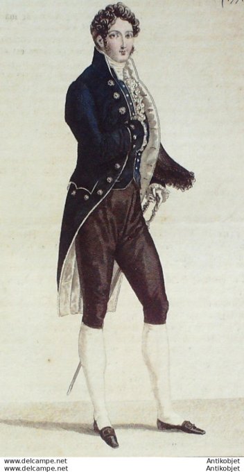 Gravure de mode Costume Parisien 1818 n°1775 Habit de drap homme à liserés