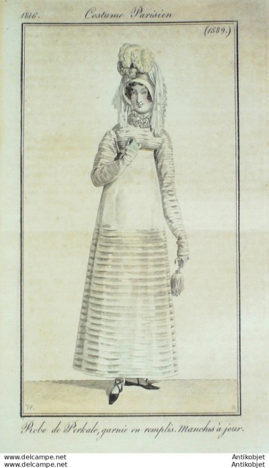 Gravure de mode Costume Parisien 1816 n°1589 Robe perkale