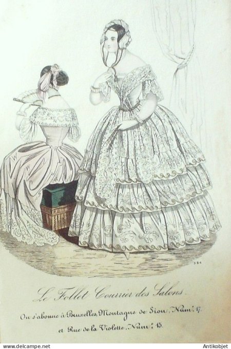 Gravure Mode Le Follet 1836 # 384 (aquarelle Old Fashion plate)