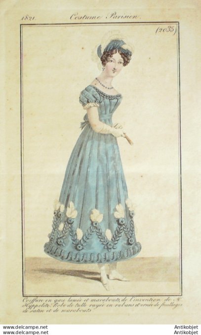 Gravure de mode Costume Parisien 1821 n°2035 Robe de tulle rayée