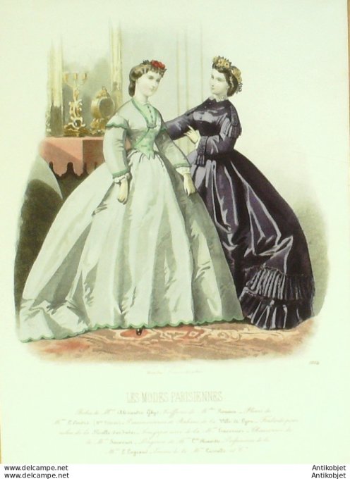 Gravure Les Modes Parisiennes 1863 #1084 Robes gros de Naples Maison Ghys
