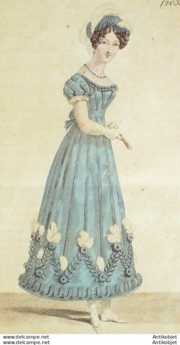 Gravure de mode Costume Parisien 1821 n°2035 Robe de tulle rayée