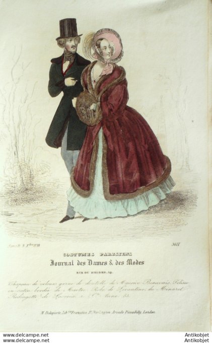 Gravure de mode Costume Parisien 1838 n°3611 Pelisse en satin robe Lévantine