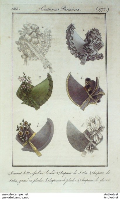 Costume Parisien 1818 # 1778 Chapeau de satin  garni de pluche