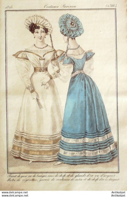 Gravure de mode Costume Parisien 1825 n°2366 Robe Vigontine garnie de satin