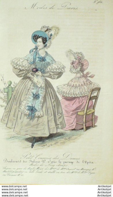 Gravure Mode Courrier des Dames 1832 #  964 (eau forte old Fashion plate)