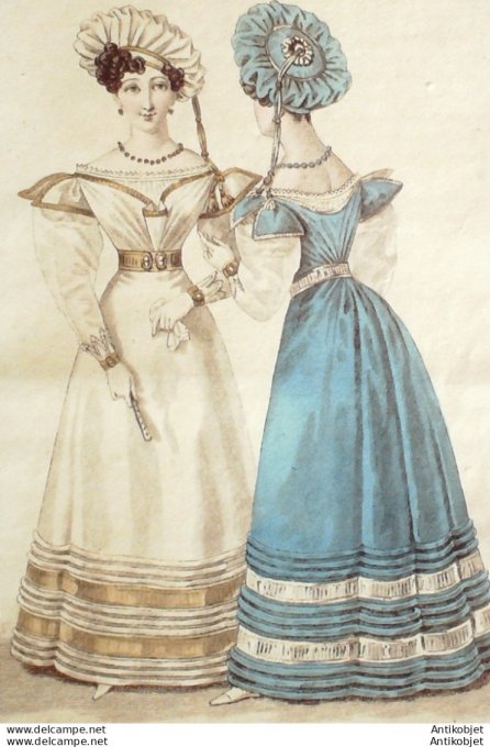 Gravure de mode Costume Parisien 1825 n°2366 Robe Vigontine garnie de satin