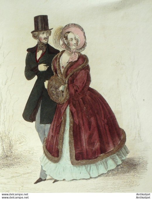 Gravure de mode Costume Parisien 1838 n°3611 Pelisse en satin robe Lévantine
