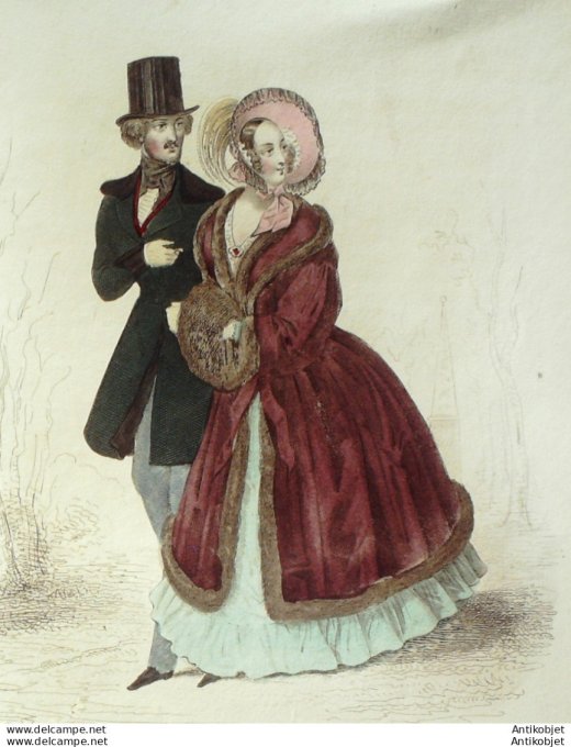 Costume Parisien 1838 # 3611 Pelisse en satin robe Lévantine