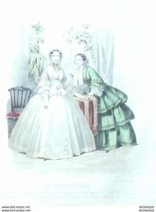 Gravure Les Modes Parisiennes 1850 # 600 Robes velours Maison Deray