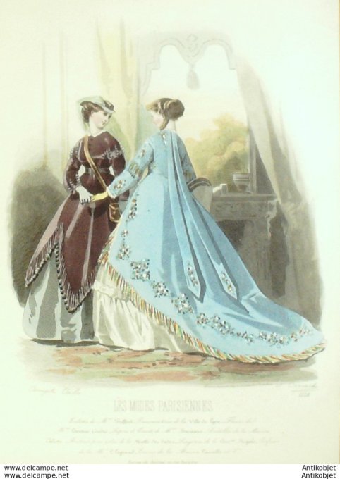 Gravure Les Modes Parisiennes 1865 #1228 Robes de bal Maison Pieffort