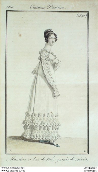 Gravure de mode Costume Parisien 1816 n°1590 Manches & bas de robe garnis de crevés