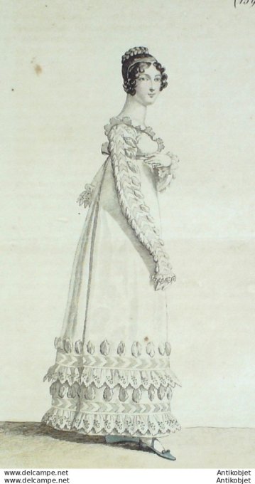 Gravure de mode Costume Parisien 1816 n°1590 Manches & bas de robe garnis de crevés