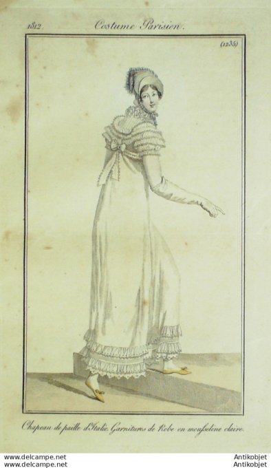 Gravure de mode Costume Parisien 1812 n°1235 Chapeau de paille d'Italie