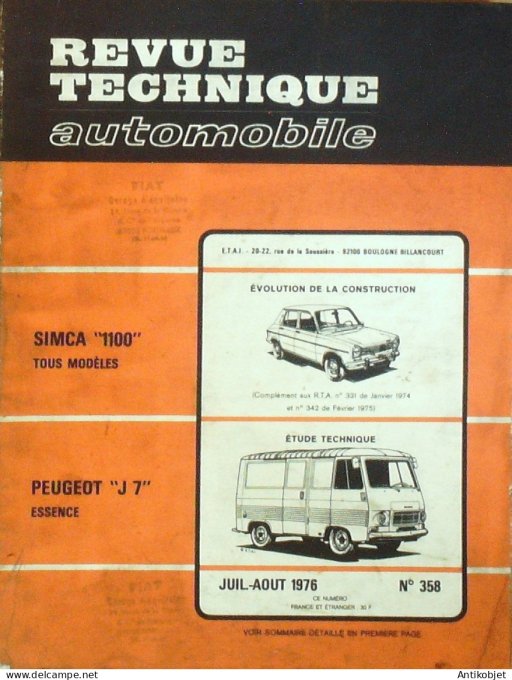 Revue Tech. Automobile 1976 n°358 Peugeot J 7 Simca 1100