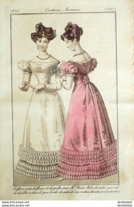 Gravure de mode Costume Parisien 1825 n°2367 Robe de satin é volans gaze