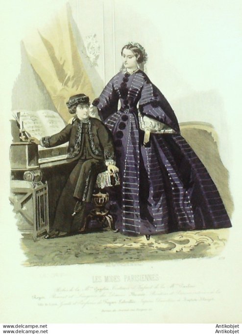 Gravure Les Modes Parisiennes 1859 # 879 Robes de velours Maison Fauvet