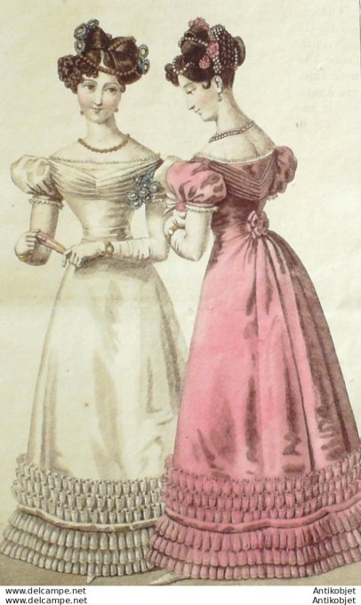 Gravure de mode Costume Parisien 1825 n°2367 Robe de satin é volans gaze