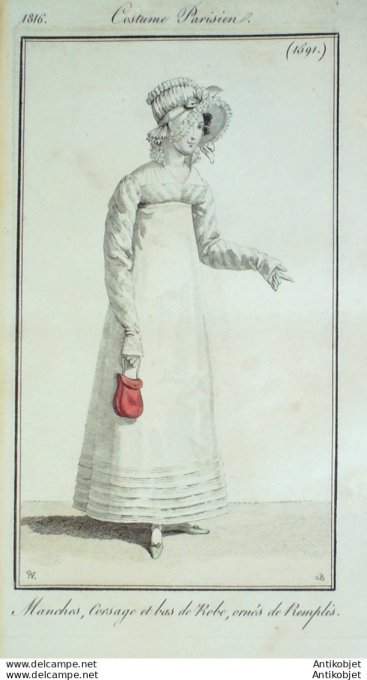Gravure de mode Costume Parisien 1816 n°1591 Robe ornés de remplis