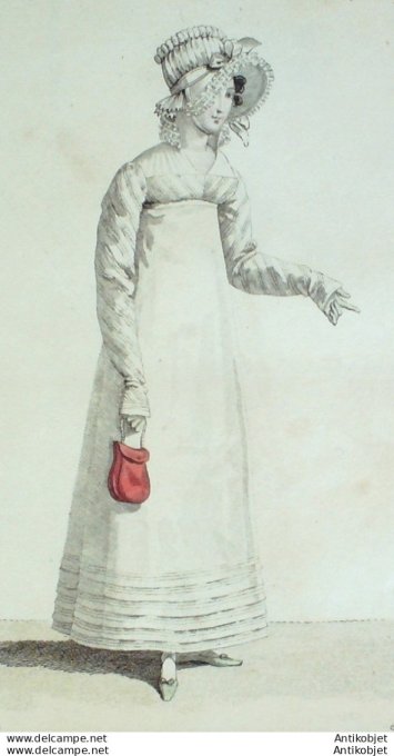 Gravure de mode Costume Parisien 1816 n°1591 Robe ornés de remplis