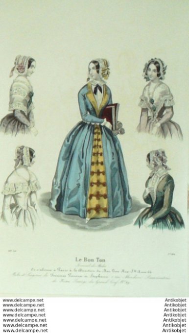 Gravure Mode Le Bon Ton 1843 # 836 (aquarelle old fashion plate)
