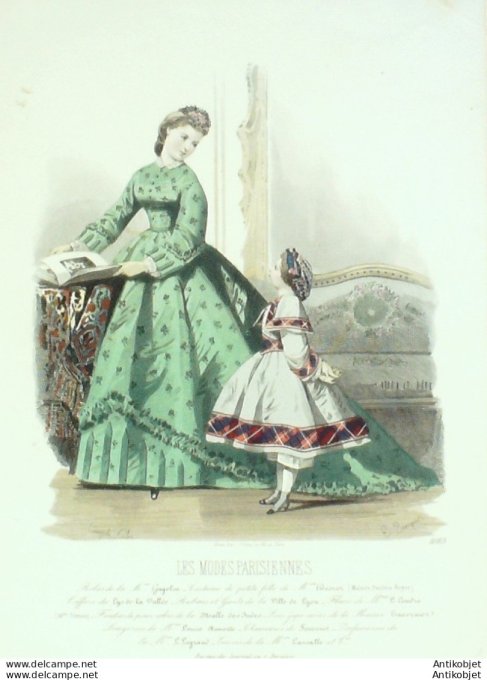 Gravure Les Modes Parisiennes 1863 #1085 Robe satin Maison Cagelin