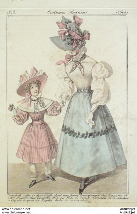 Costume Parisien 1828 # 2608 Robes mousseline & batiste canezou